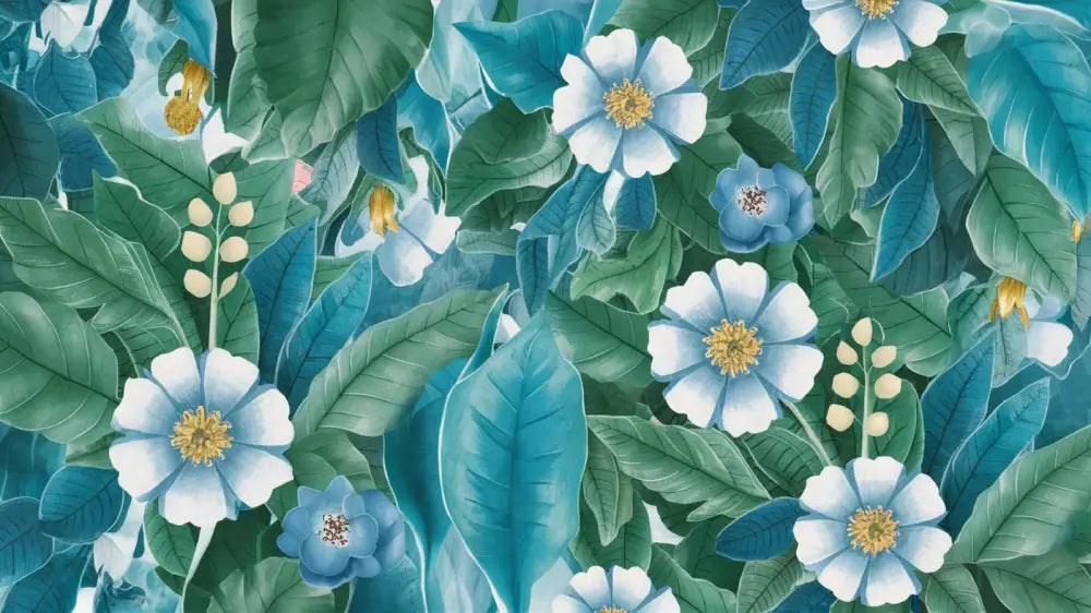 Papier Peint Floral - Fleurs Bleues Et Feuilles Vertes