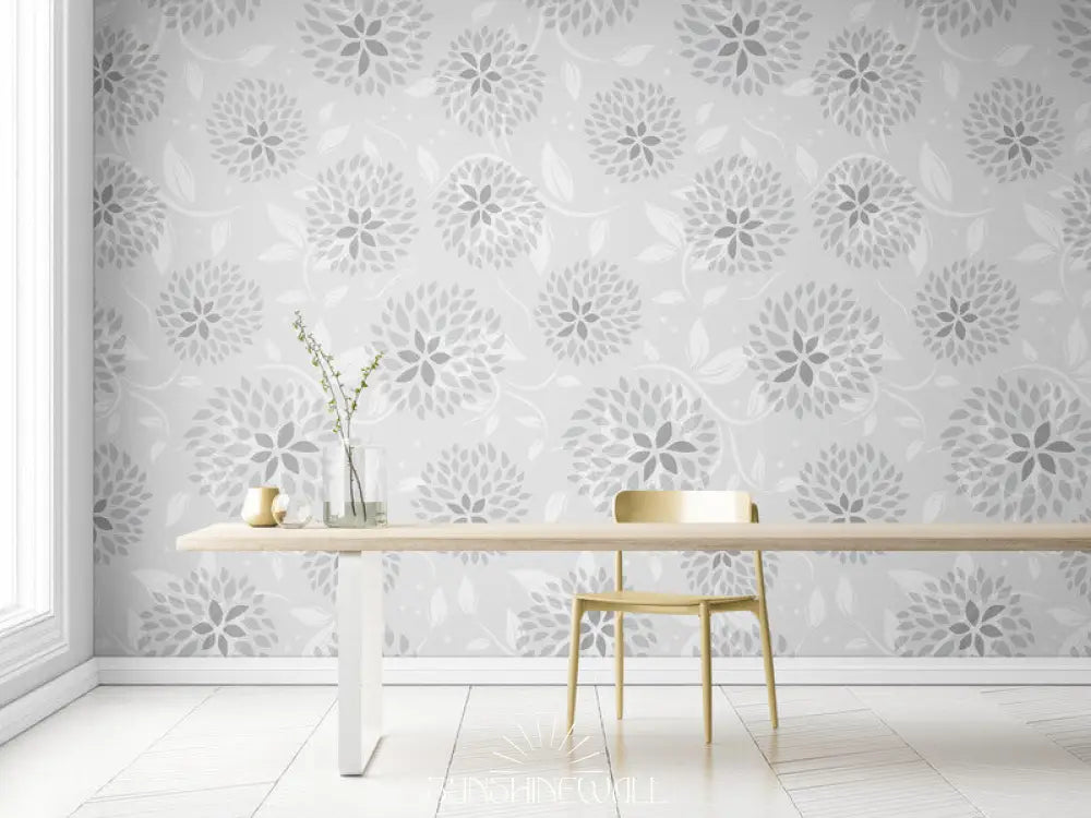 Papier Peint Floral - Fond Gris