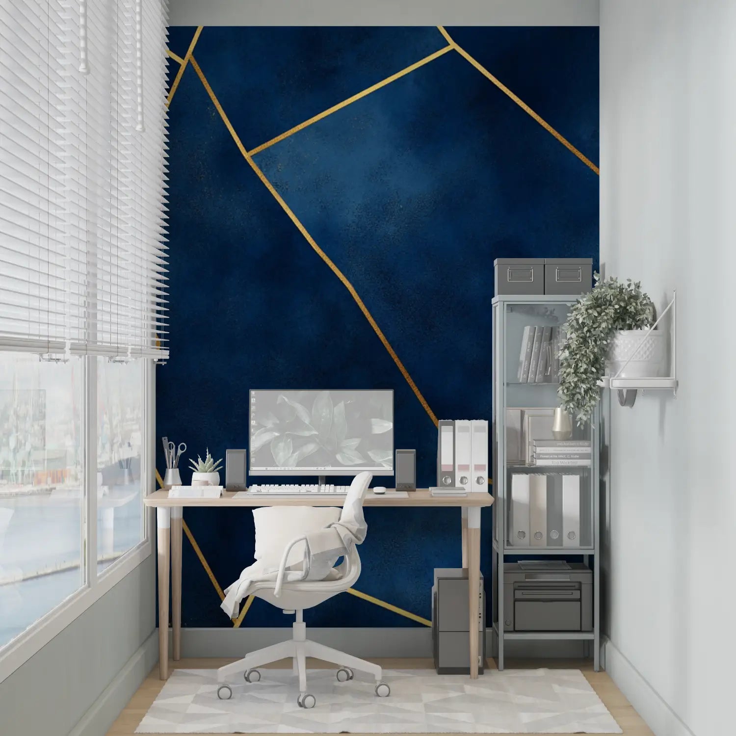 Geometric Wallpaper - Golden Lines on Blue Background