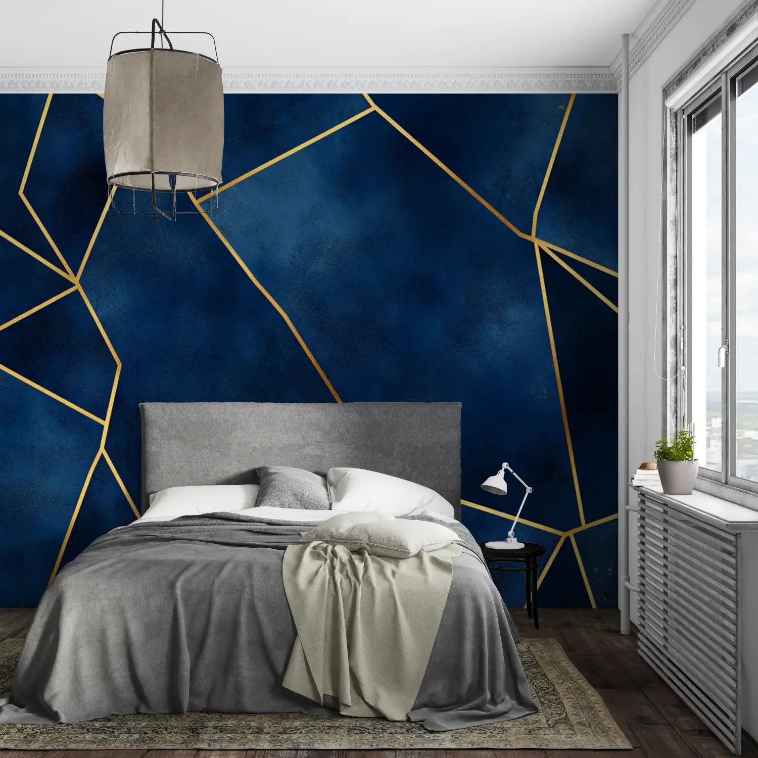 Geometric Wallpaper - Golden Lines on Blue Background