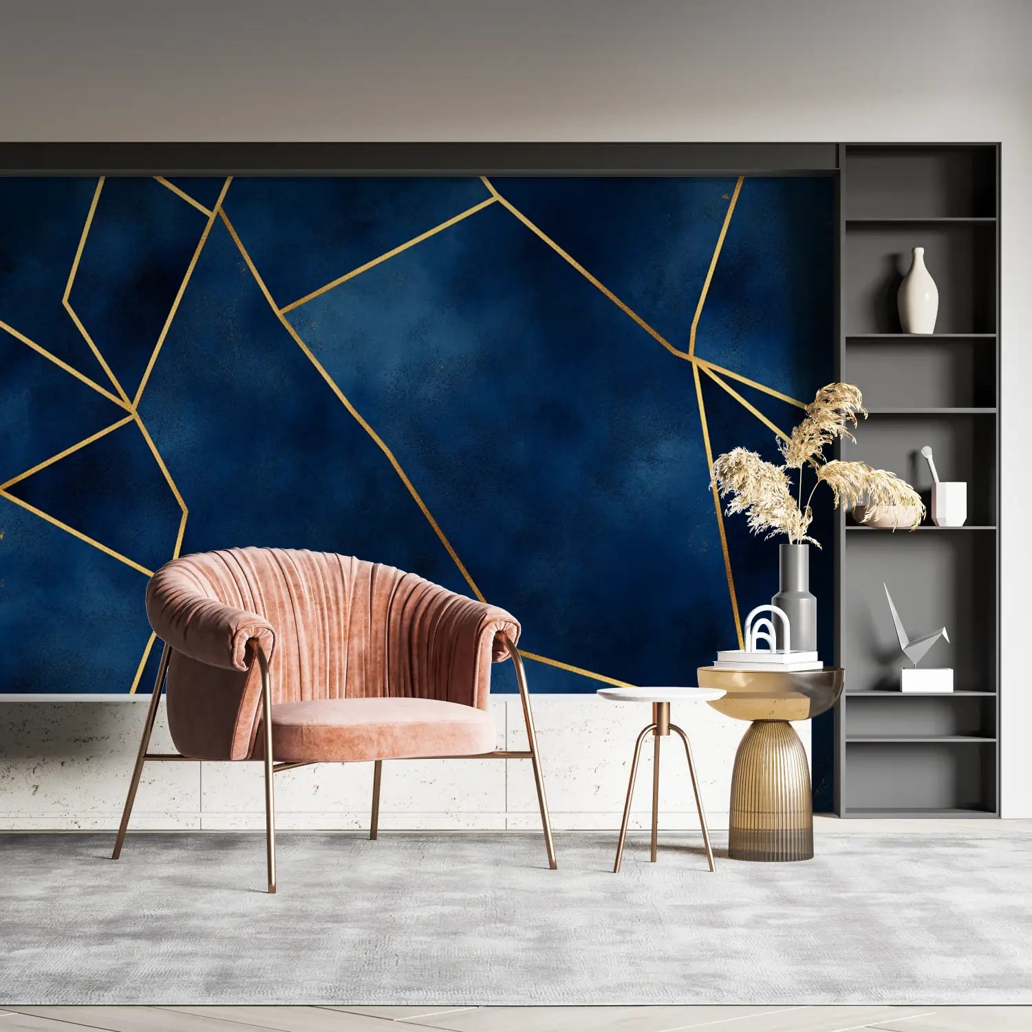 Geometric Wallpaper - Golden Lines on Blue Background