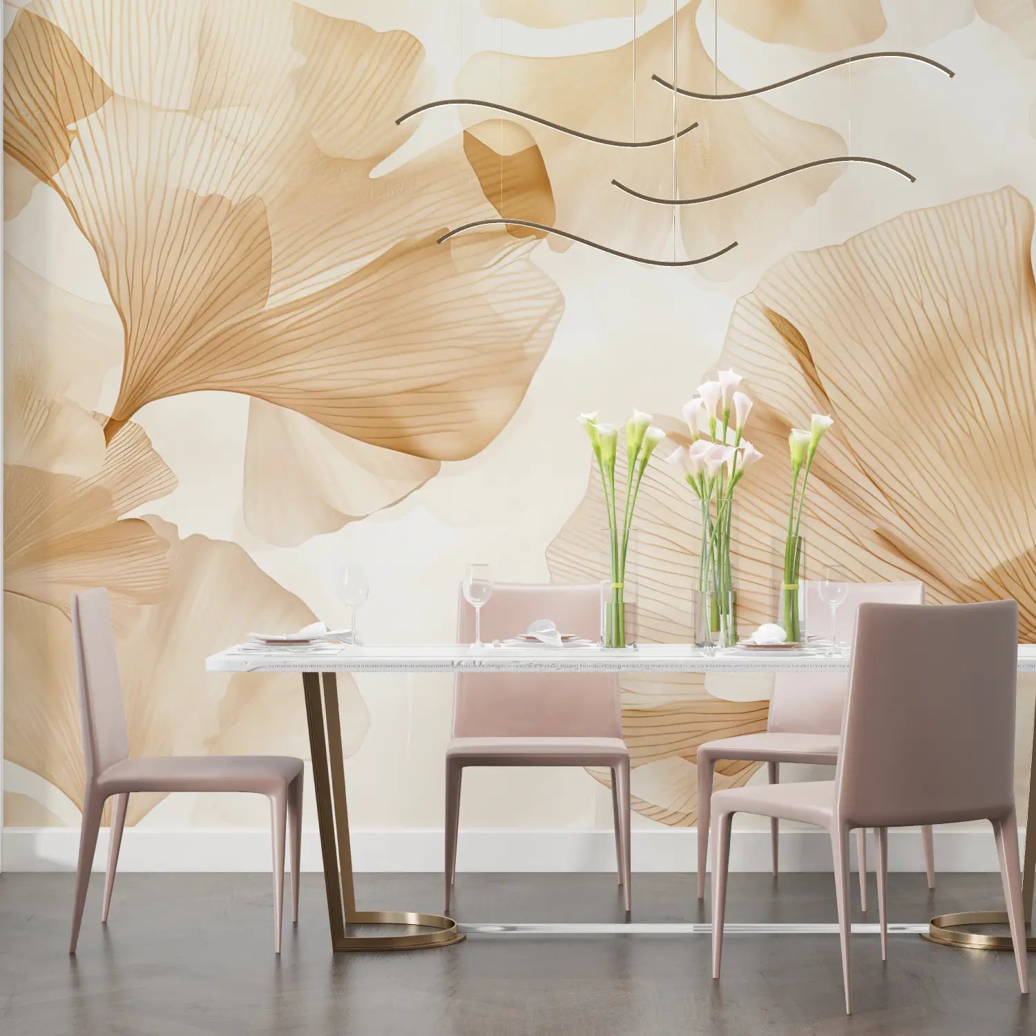 Papier Peint Feuillage – Ginkgos Aériens en Tons Doux