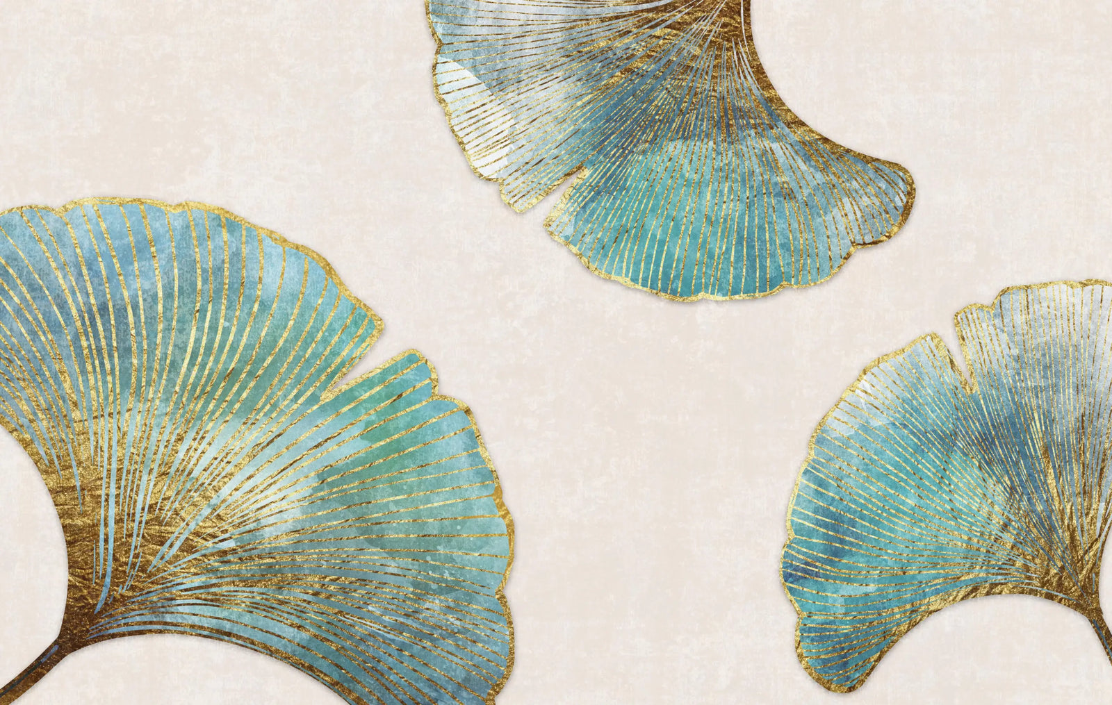 Papier Peint Feuillage – Ginkgos Turquoise et Reflets Dorés