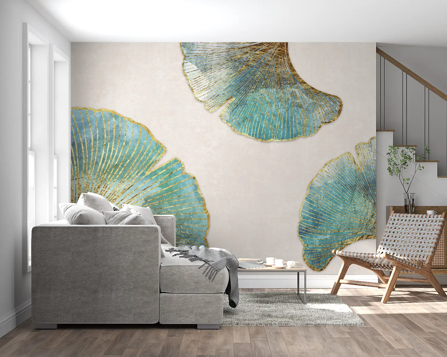 Papier Peint Feuillage – Ginkgos Turquoise et Reflets Dorés