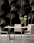 Japanese Wallpaper – Golden Ginkgo Leaves on Black Background