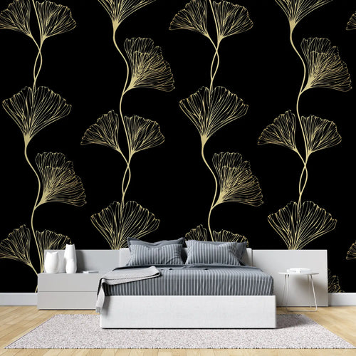 Papier Peint Japonais – Feuilles de Ginkgo Dorées sur Fond Noir
