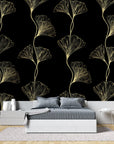 Japanese Wallpaper – Golden Ginkgo Leaves on Black Background