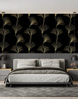 Japanese Wallpaper – Golden Ginkgo Leaves on Black Background
