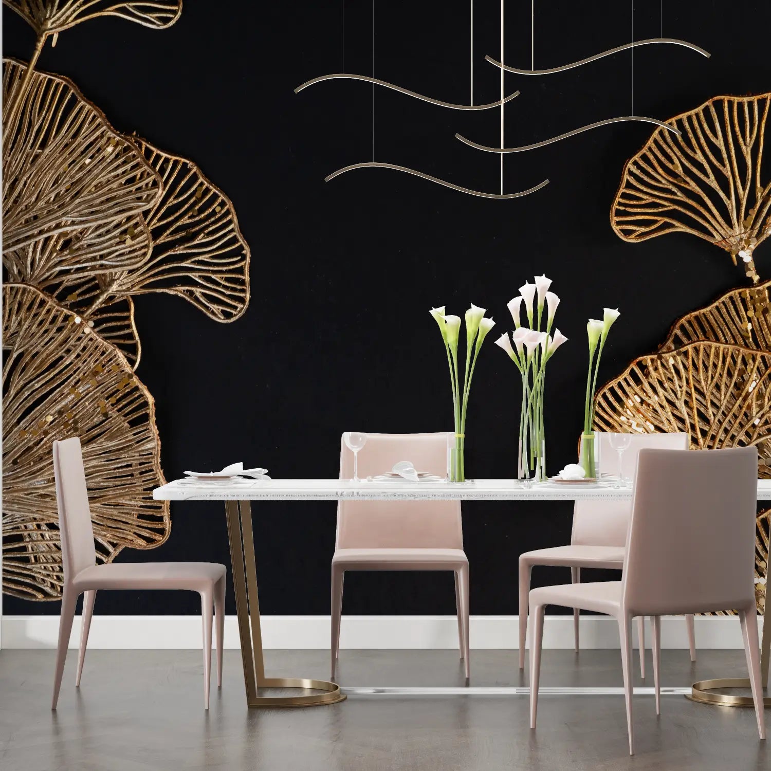 Papier Peint Feuillage – Ginkgos Filigranés sur Fond Noir