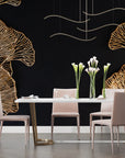 Foliage Wallpaper – Filigree Ginkgos on a Black Background