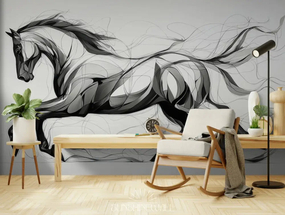 Papier Peint Illustration - Cheval Noir Et Blanc