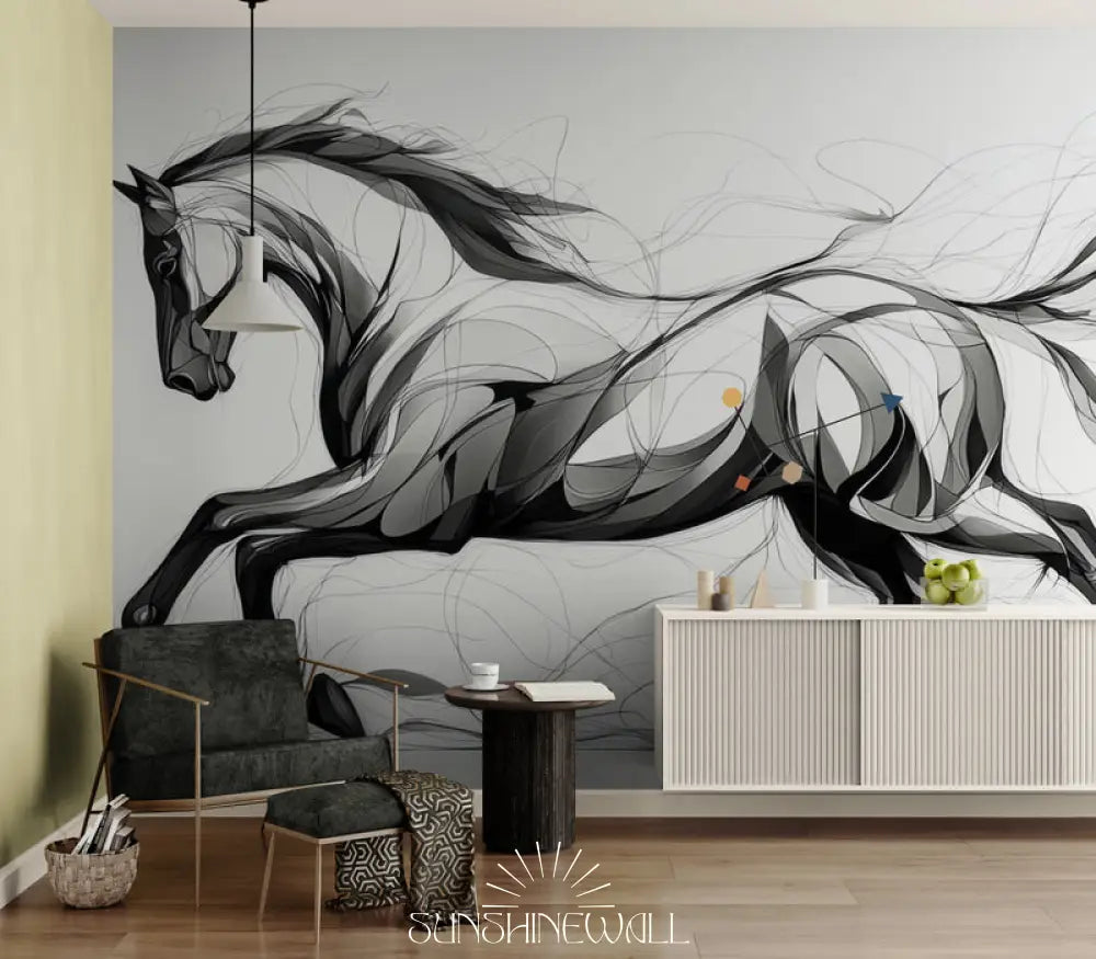 Papier Peint Illustration - Cheval Noir Et Blanc