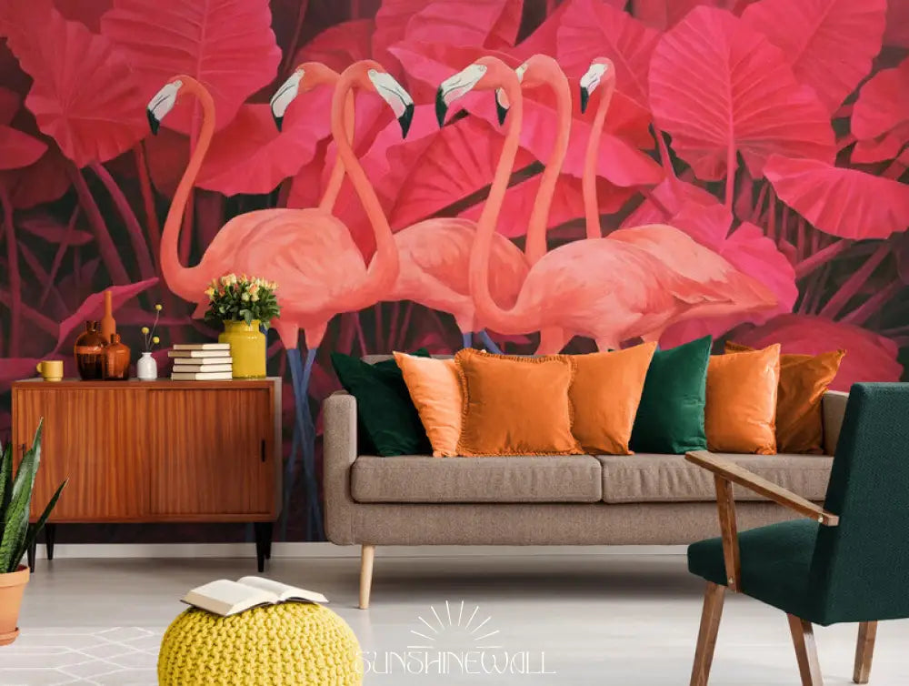 Papier Peint Illustration - Plantes Tropicales Rouges Et Flamants Roses