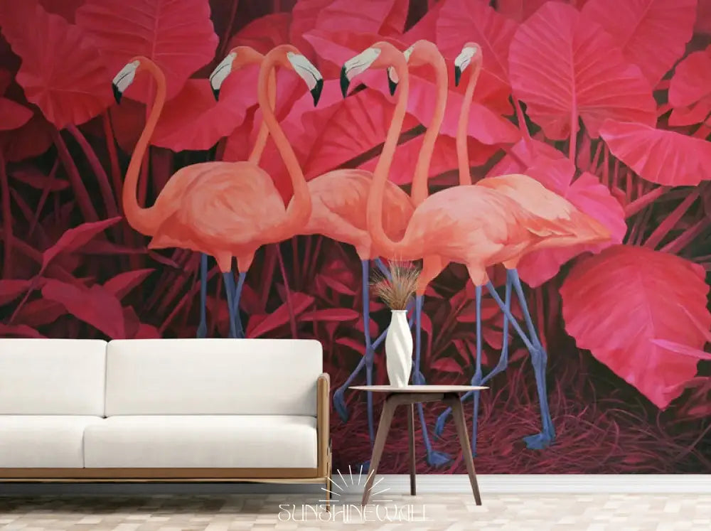 Papier Peint Illustration - Plantes Tropicales Rouges Et Flamants Roses