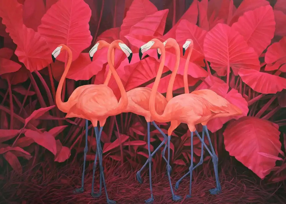 Papier Peint Illustration - Plantes Tropicales Rouges Et Flamants Roses