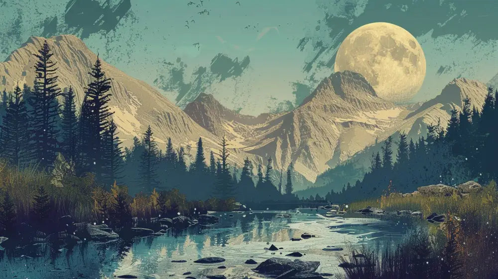 Papier Peint Illustration - Pleine Lune Et Montagnes