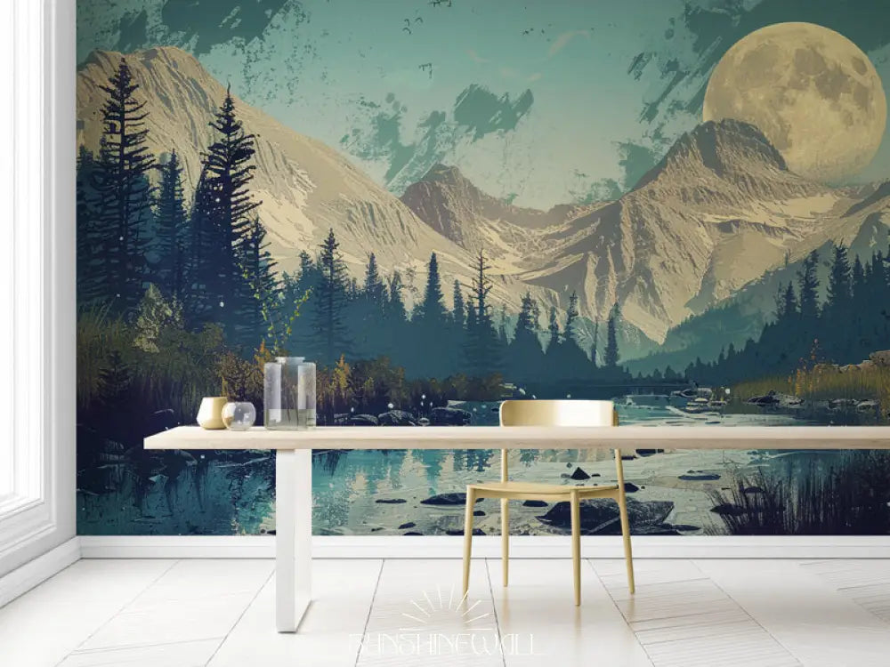 Papier Peint Illustration - Pleine Lune Et Montagnes