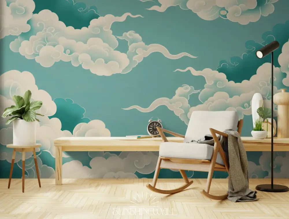 Papier Peint Japonais - Nuages clairs Sunshinewall Papier peint Japonais Sunshinewall avec nuages clairs dans un salon zen