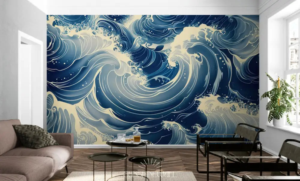 Papier Peint Japonais - Vagues Bleues Dynamiques