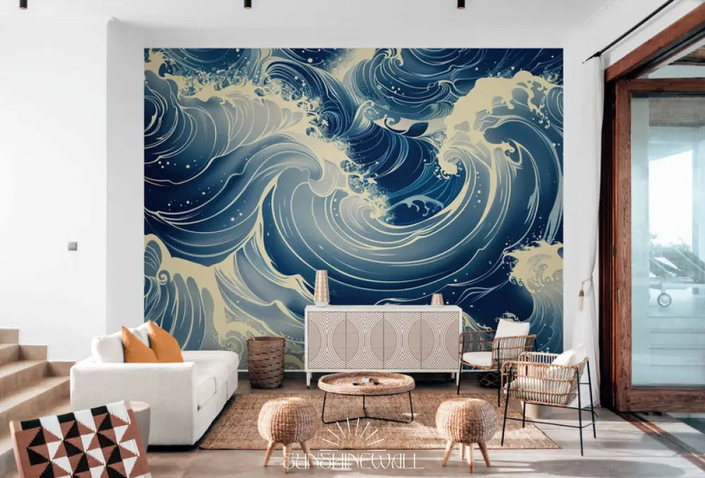 Papier Peint Japonais - Vagues Bleues Dynamiques