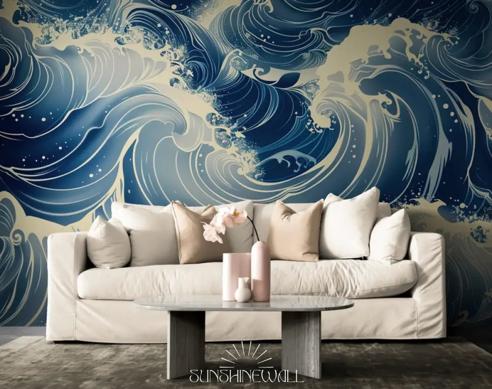 Papier Peint Japonais - Vagues Bleues Dynamiques