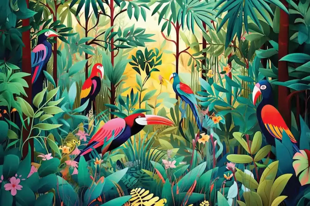 Papier Peint Jungle - Oiseaux Exotiques