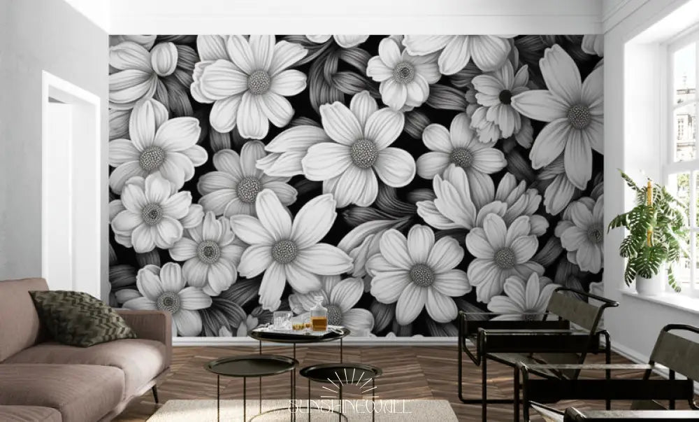 Papier Peint Moderne - Fleurs Noir Et Blanc