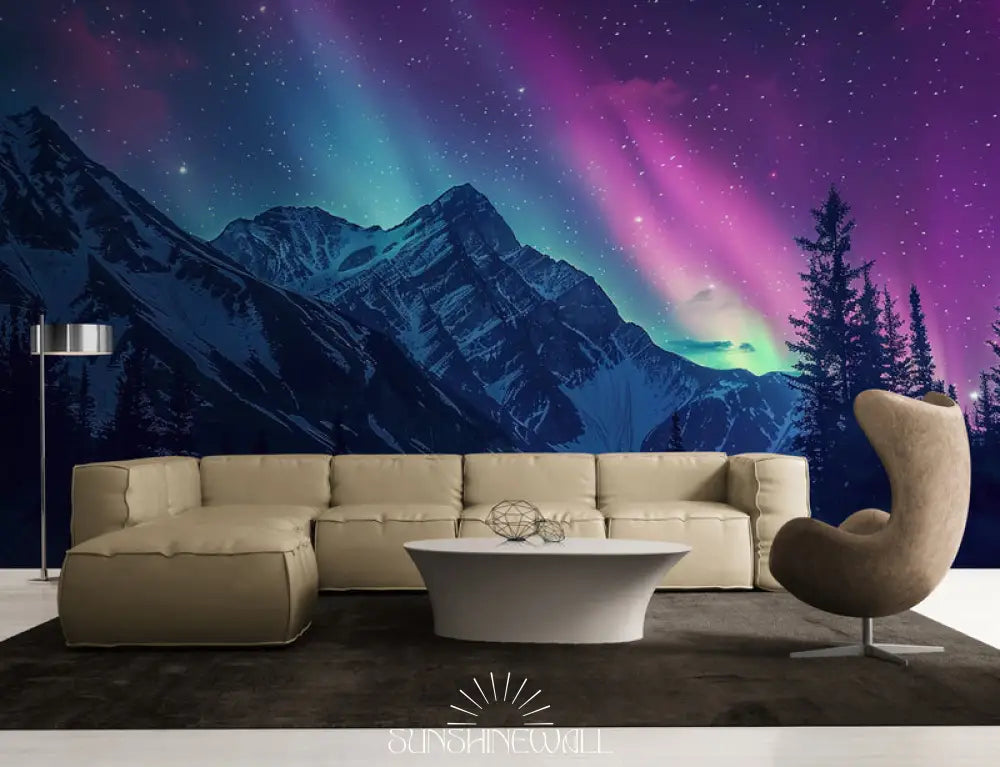 Papier Peint Montagne - Aurore Boréale