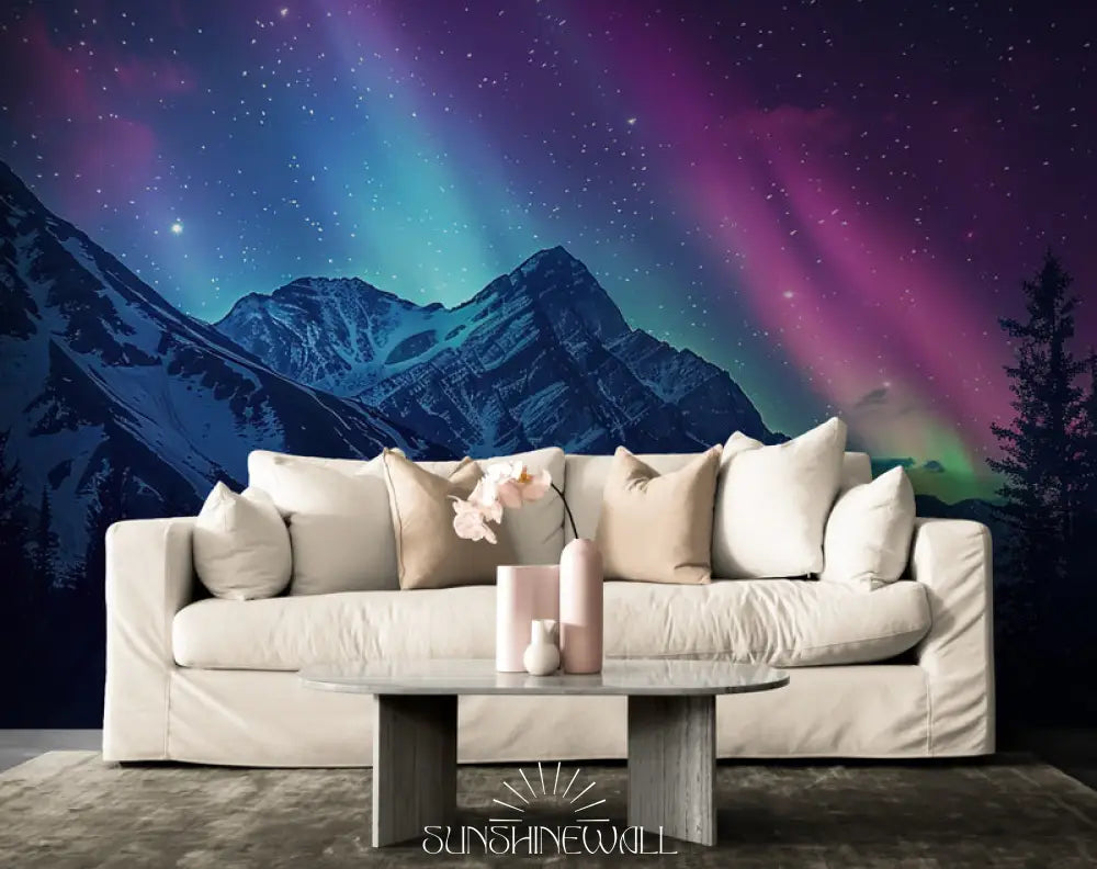 Papier Peint Montagne - Aurore Boréale