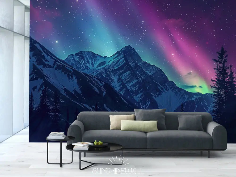 Papier Peint Montagne - Aurore Boréale