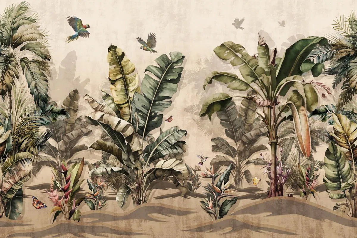 Papier Peint Tropical - Jungle Vintage et Oiseaux