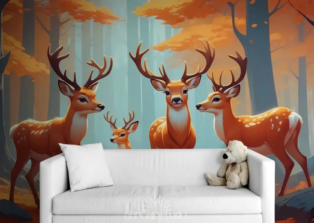 Papier Peint Nature - Cerfs Et Biche En Harmonie