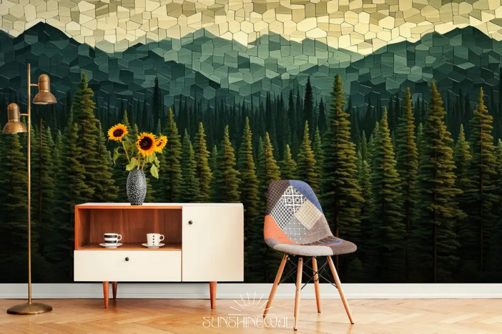 Papier Peint Nature - Géométrique Montagne Et Forêt D’automne