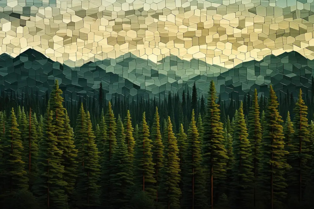 Papier Peint Nature - Géométrique Montagne Et Forêt D’automne