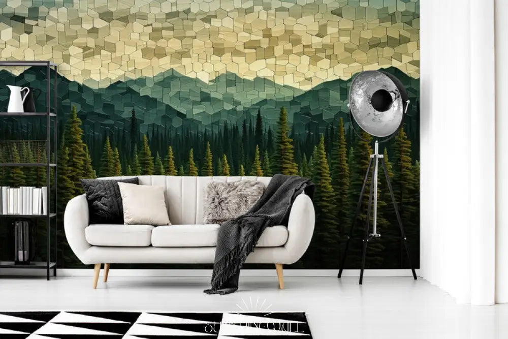 Papier Peint Nature - Géométrique Montagne Et Forêt D’automne