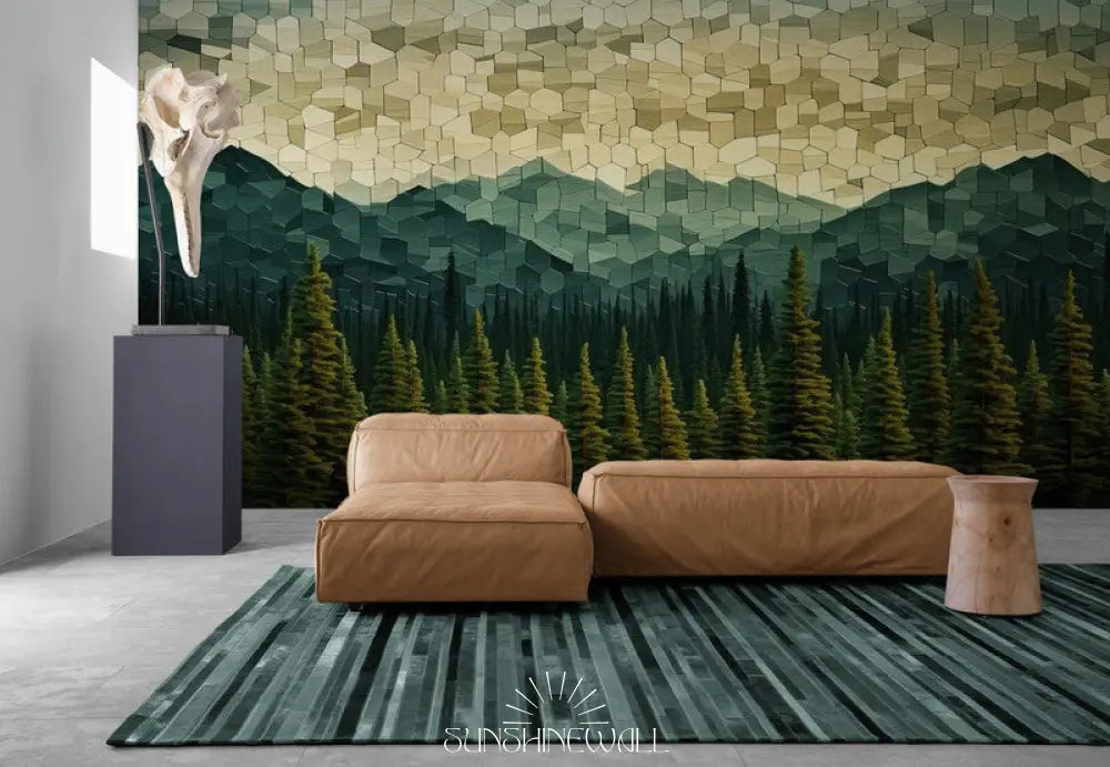 Papier Peint Nature - Géométrique Montagne Et Forêt D’automne