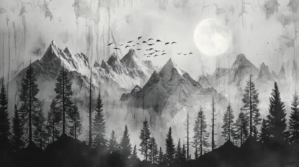 Papier Peint Noir Et Blanc - Montagne Pleine Lune