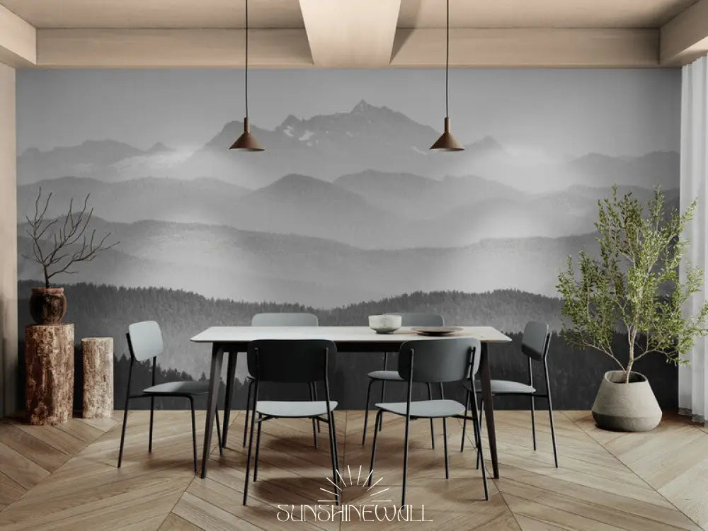 Papier Peint Panoramique - Noir Et Blanc Montagnes Brume