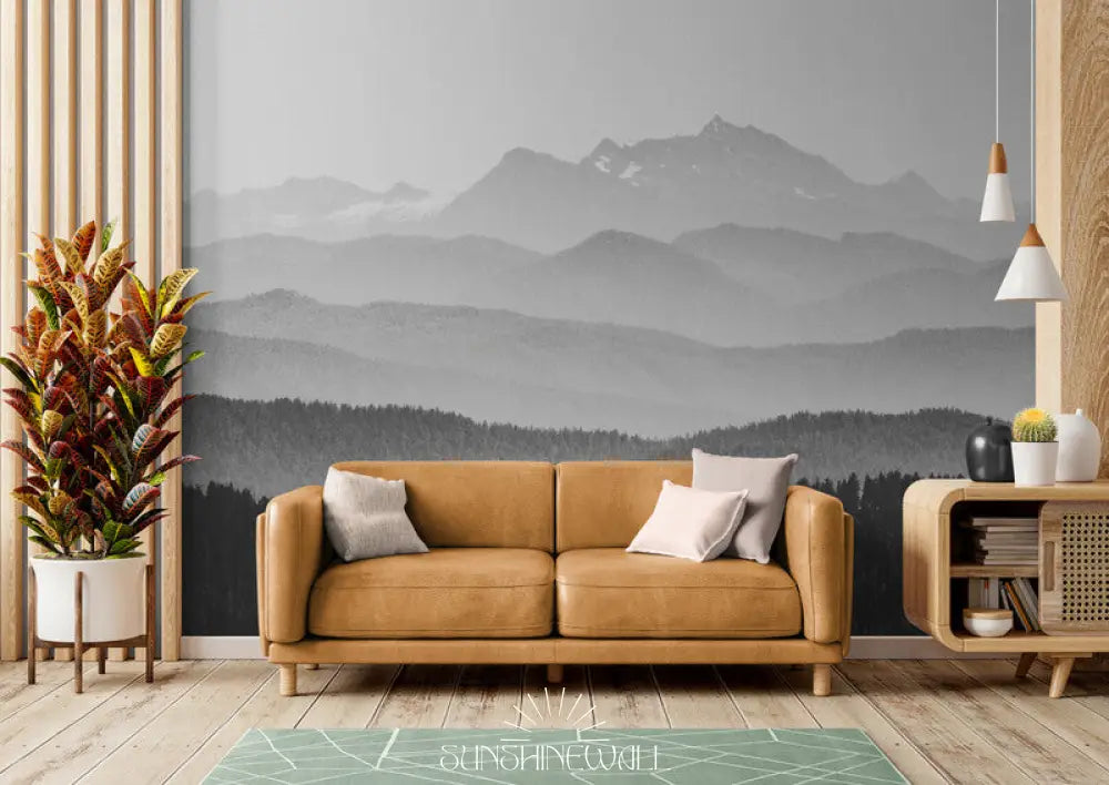 Papier Peint Panoramique - Noir Et Blanc Montagnes Brume