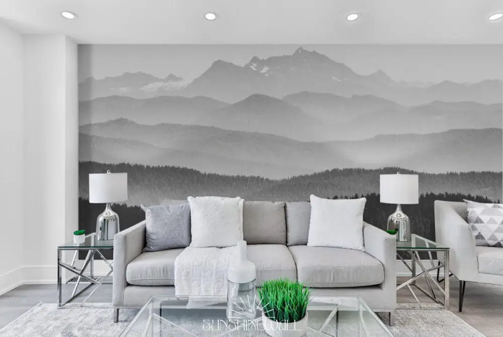 Papier Peint Panoramique - Noir Et Blanc Montagnes Brume