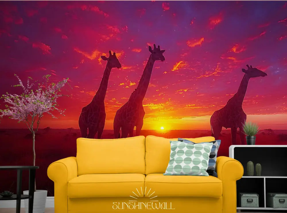 Papier Peint Paysage - Girafes Coucher De Soleil