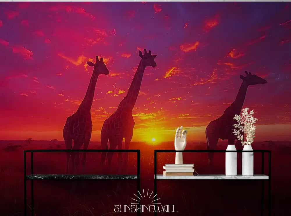 Papier Peint Paysage - Girafes Coucher De Soleil