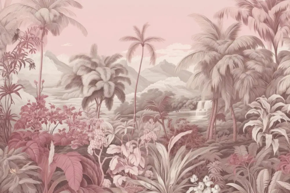 Papier Peint Rétro - Forêt Tropicale Rose