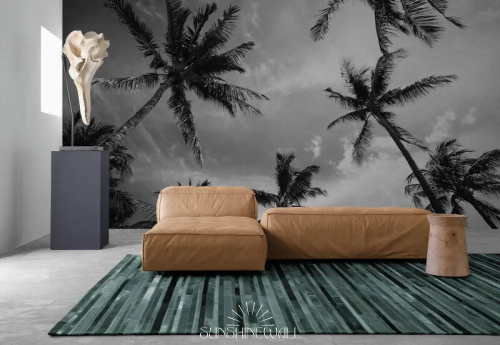 Papier Peint Tropical - Palmiers Jungle Noir Et Blanc