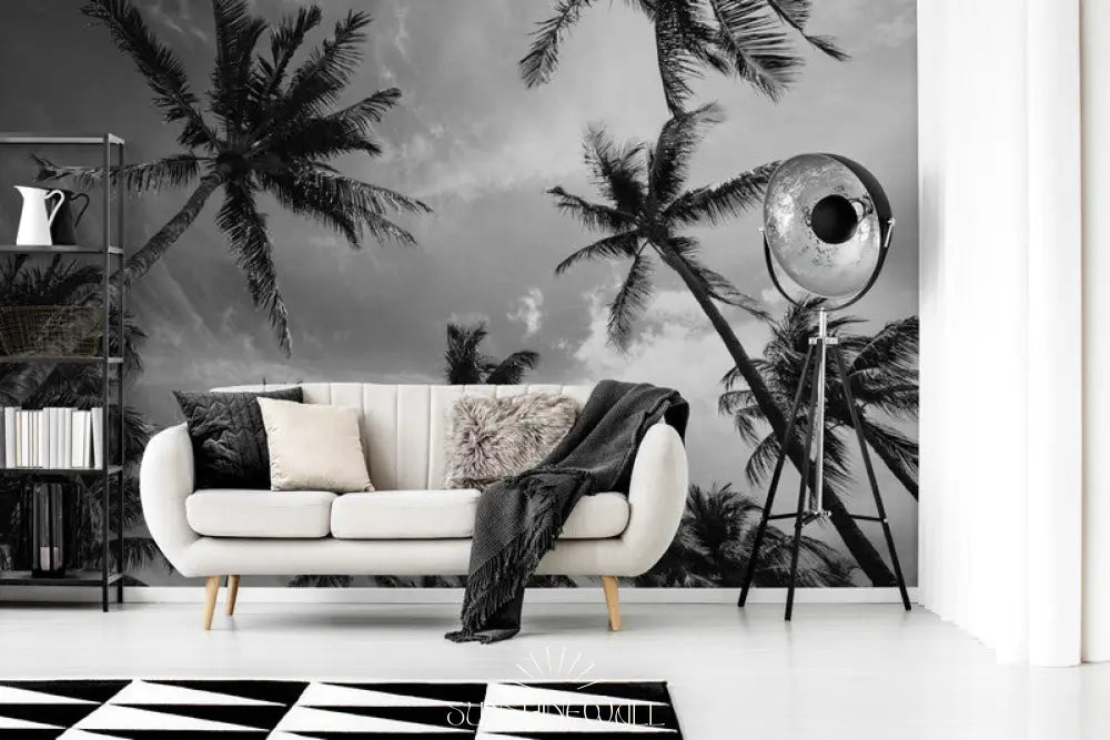 Papier Peint Tropical - Palmiers Jungle Noir Et Blanc