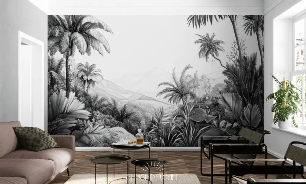 Papier Peint Tropical - Plantes Exotiques Noir Et Blanc