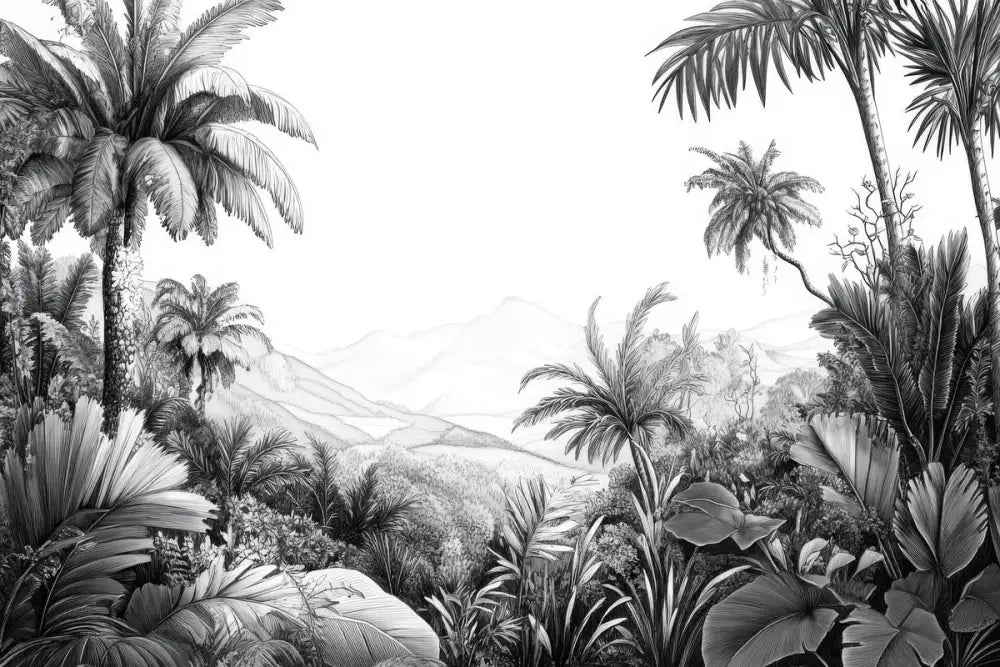 Papier Peint Tropical - Plantes Exotiques Noir Et Blanc