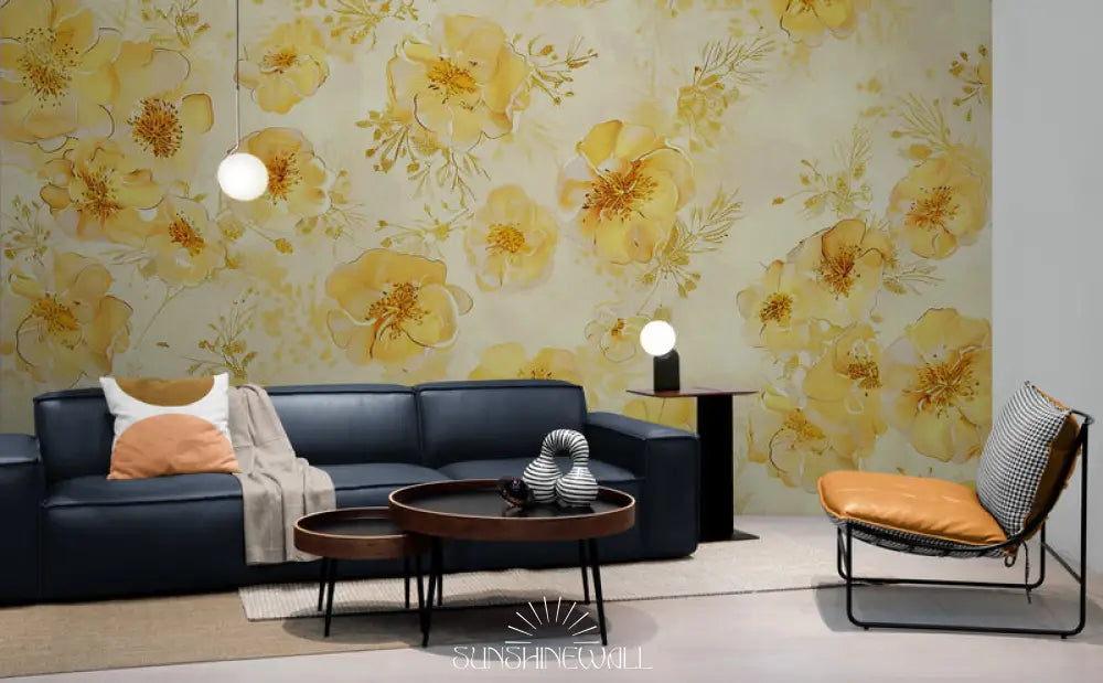 Papier Peint Vintage - Floral Jaune Éclatant