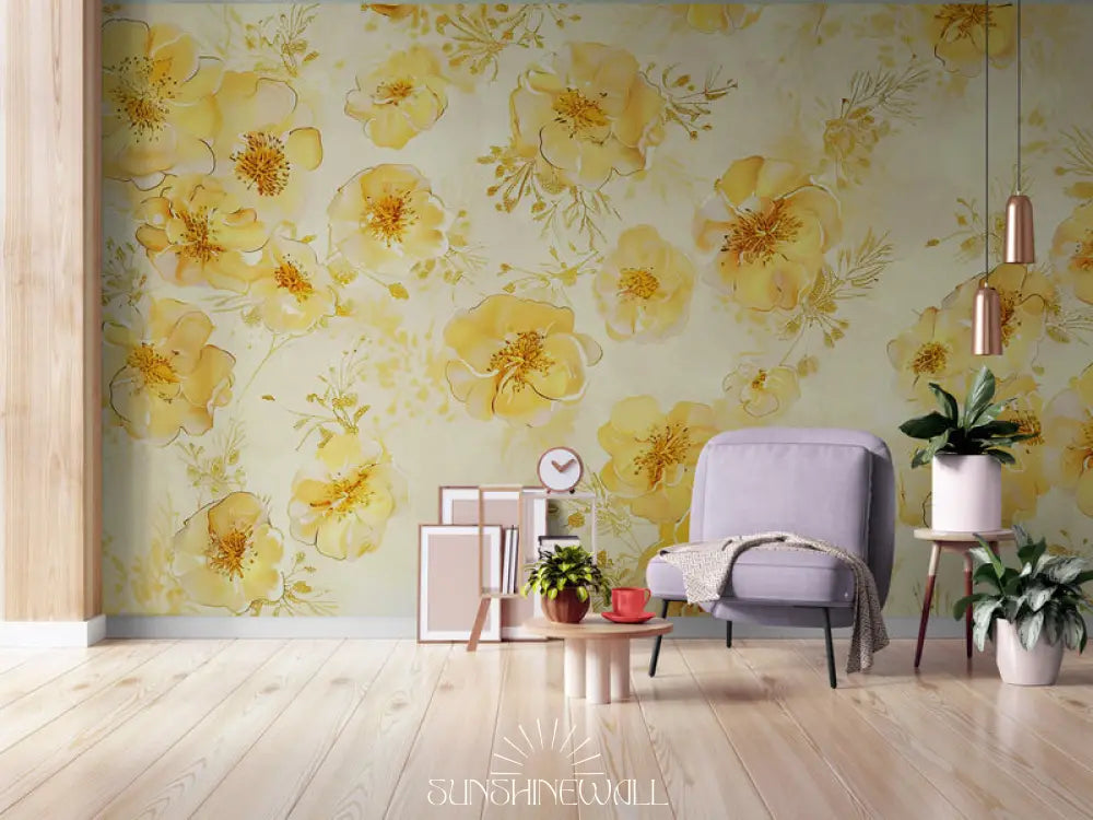 Papier Peint Vintage - Floral Jaune Éclatant