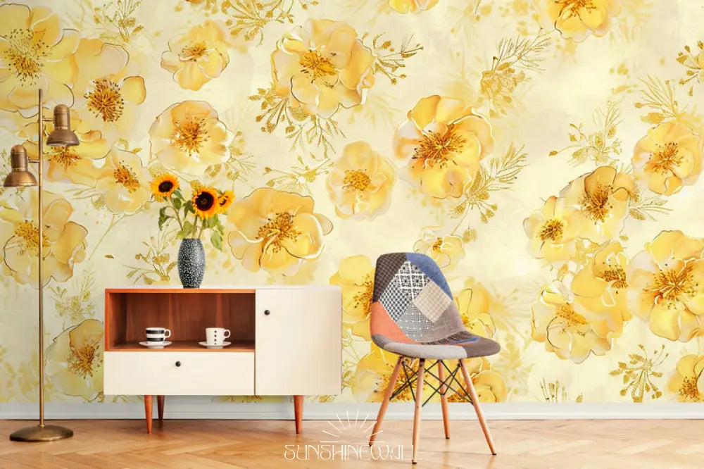 Papier Peint Vintage - Floral Jaune Éclatant